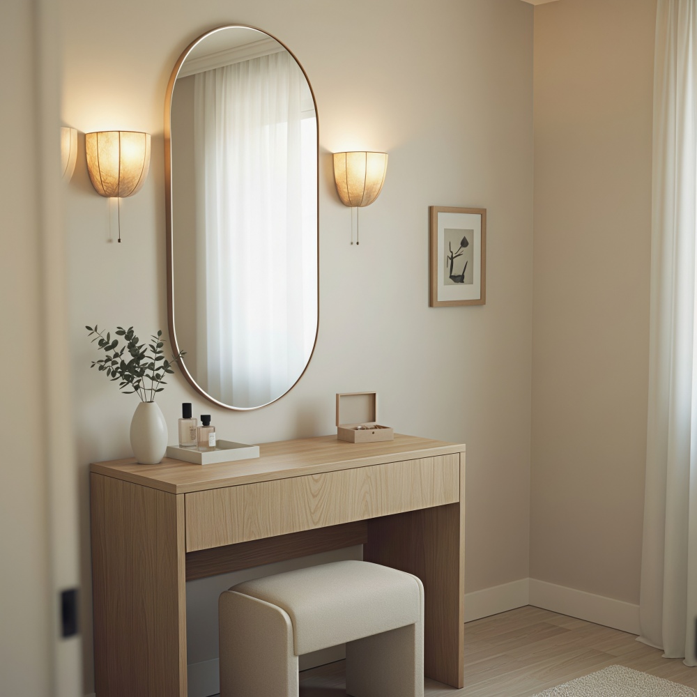 Customer vanity scene with paired Fablune wall lamps