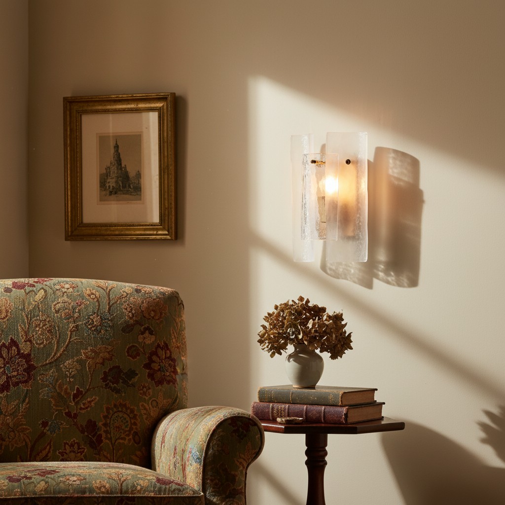 Velora wall lamp casting warm light beside a chair