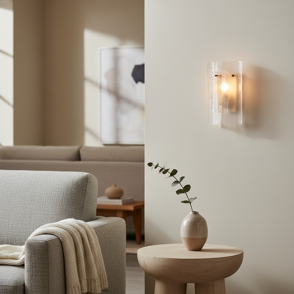 Velora wall lamp glowing beside a sofa