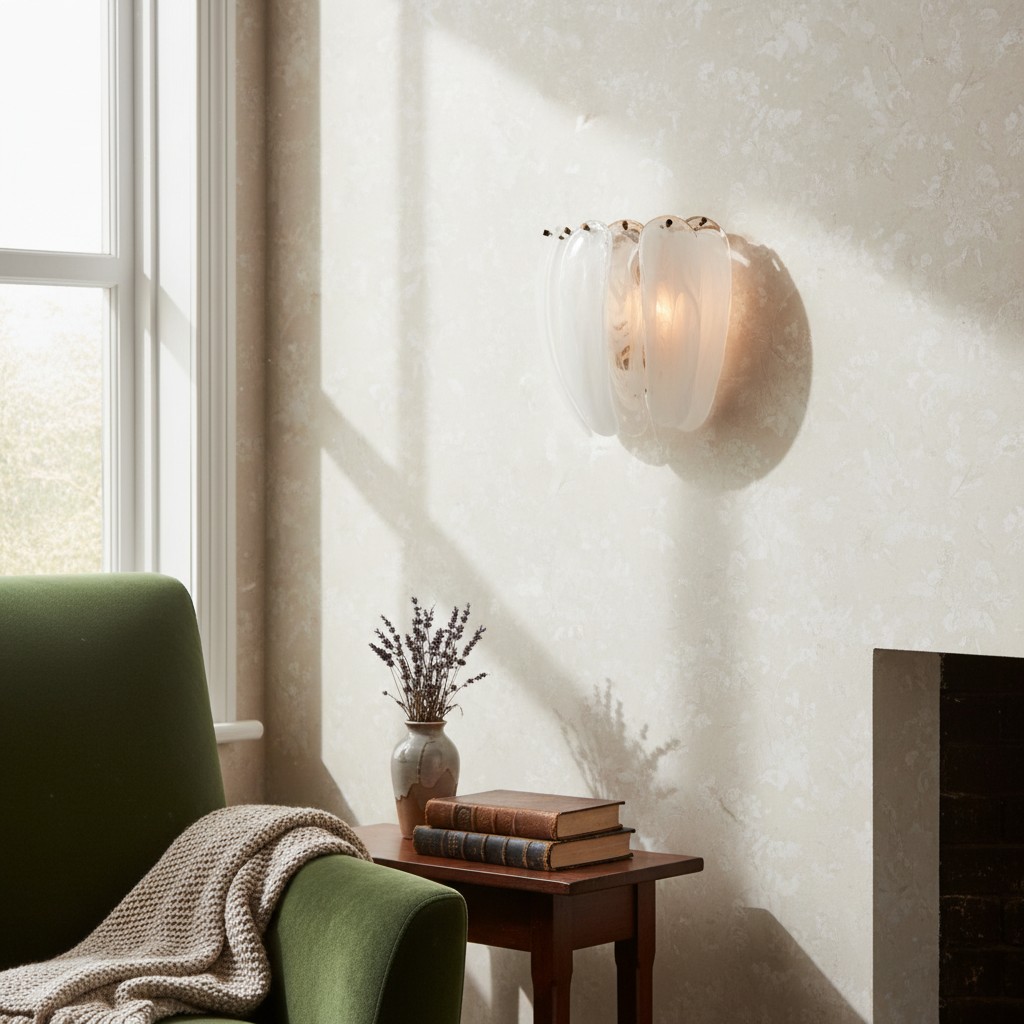 Velora wall lamp casting a soft glow in a sitting area