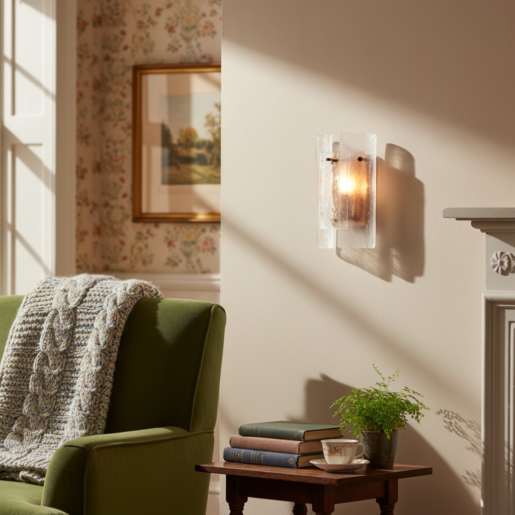 Velora wall lamp glowing in a cozy room corner