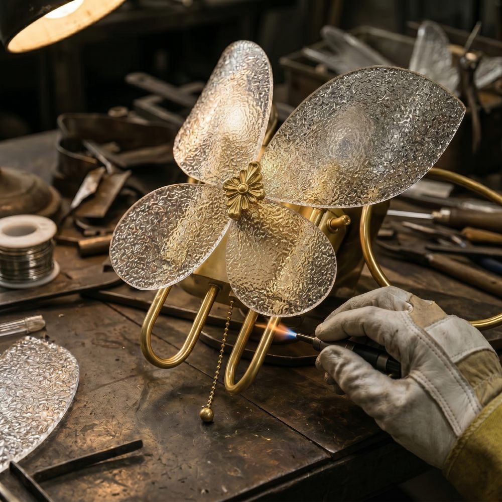 Hand-welded butterfly lamp being crafted at an artisan workbench