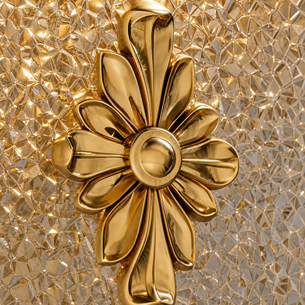 Gold floral centerpiece against textured acrylic shade