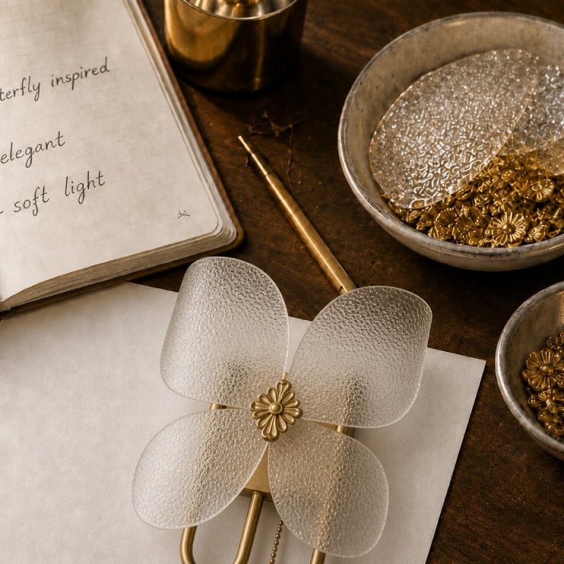 Butterfly lamp components and design notes on a worktable