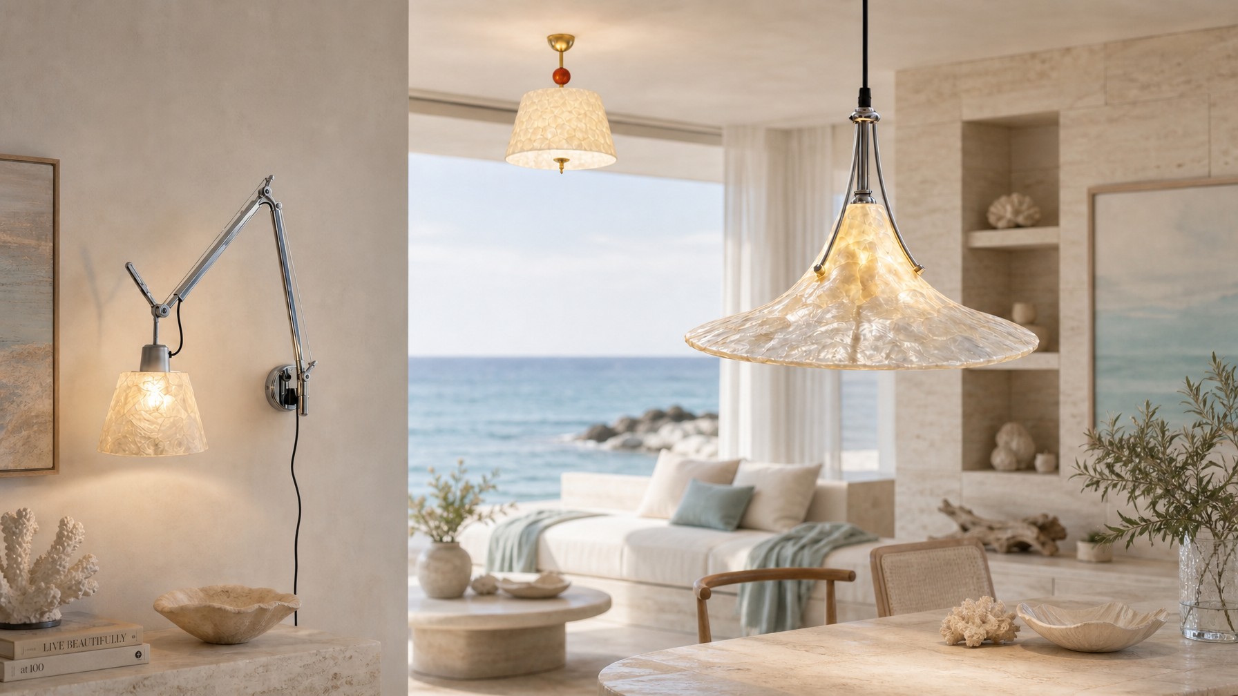 Lunavera vintage shell ceiling light in a calm bedroom and dining room scene