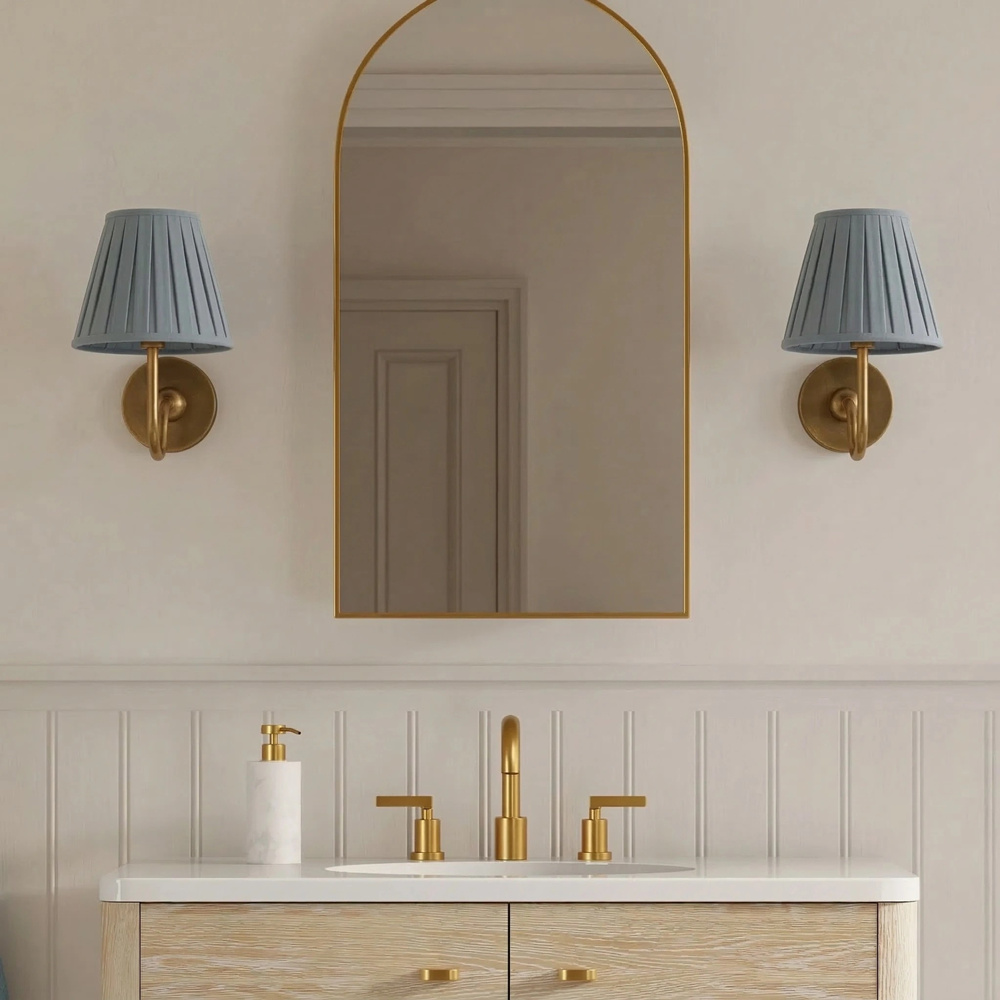 Customer bathroom with blue Luvora wall lamp shades