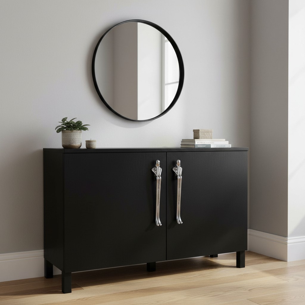 Verlitho handles on a cabinet below a mirror
