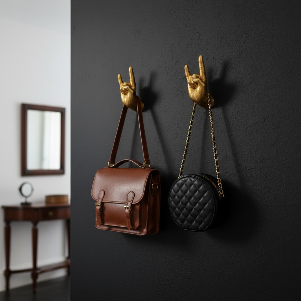 Gold Rock On Wall Hands used as hooks for bags