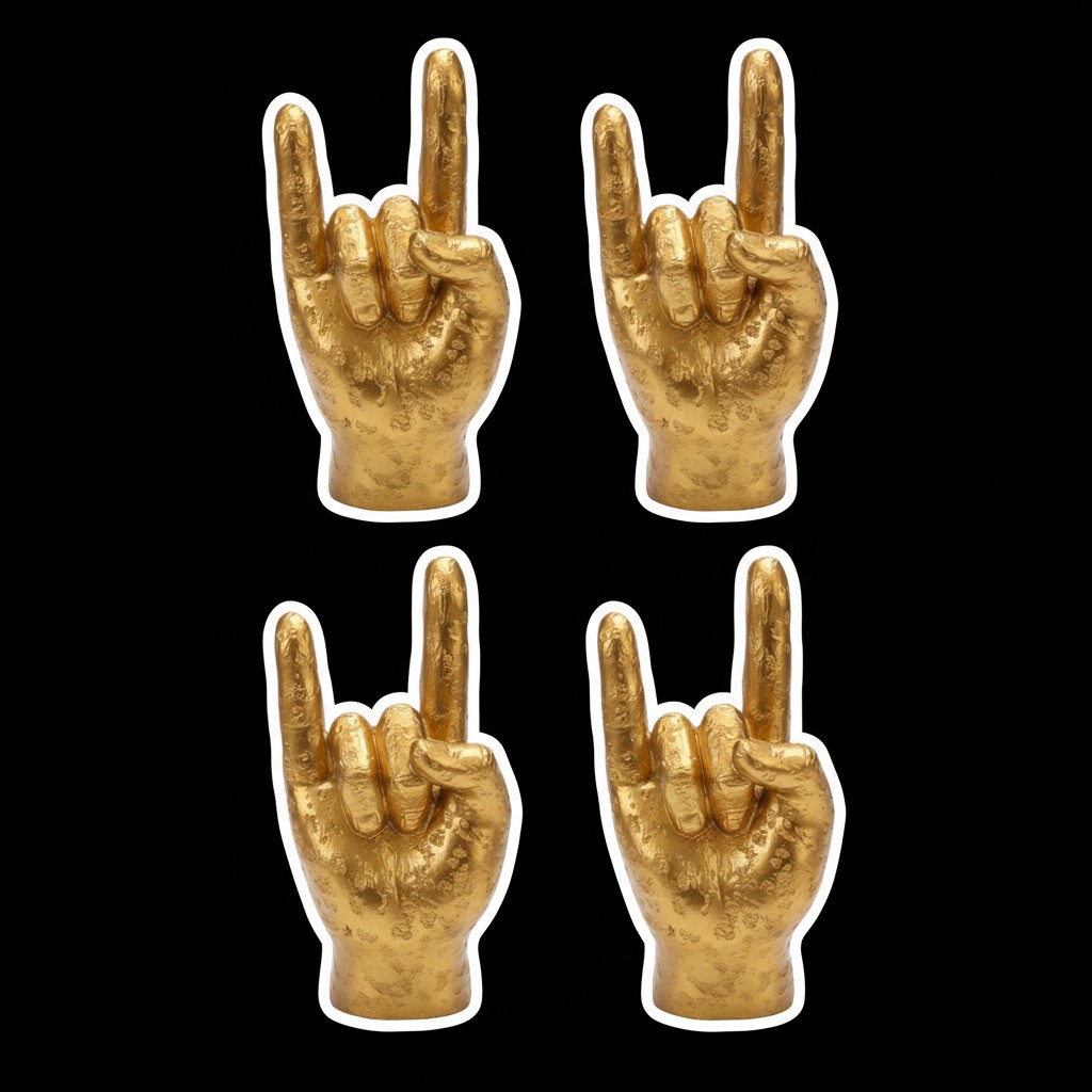 Gold set of four Rock On Wall Hands on a dark background
