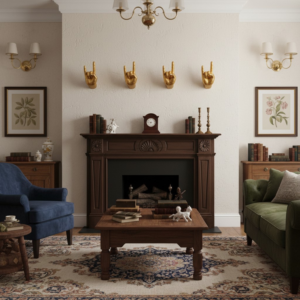 Gold Rock On Wall Hands arranged above a fireplace