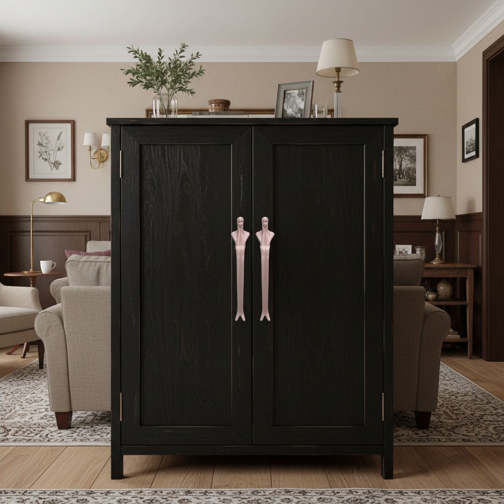 Pink Verlitho handles on a wardrobe in a living room