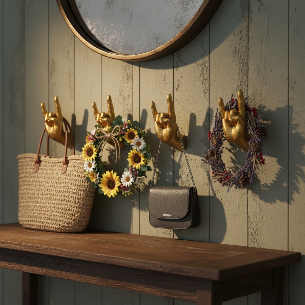 Gold Rock On Wall Hands styled near woven baskets and flowers
