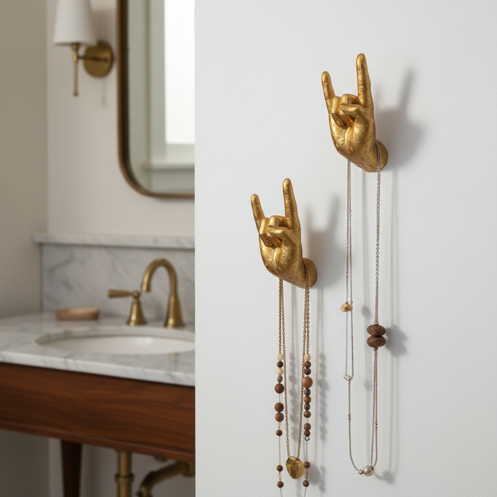 Gold Rock On Wall Hands used for hanging jewelry beside a vanity