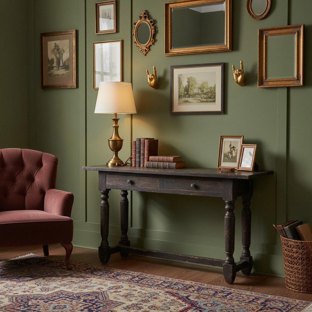 Gold Rock On Wall Hands in a framed green living room setting