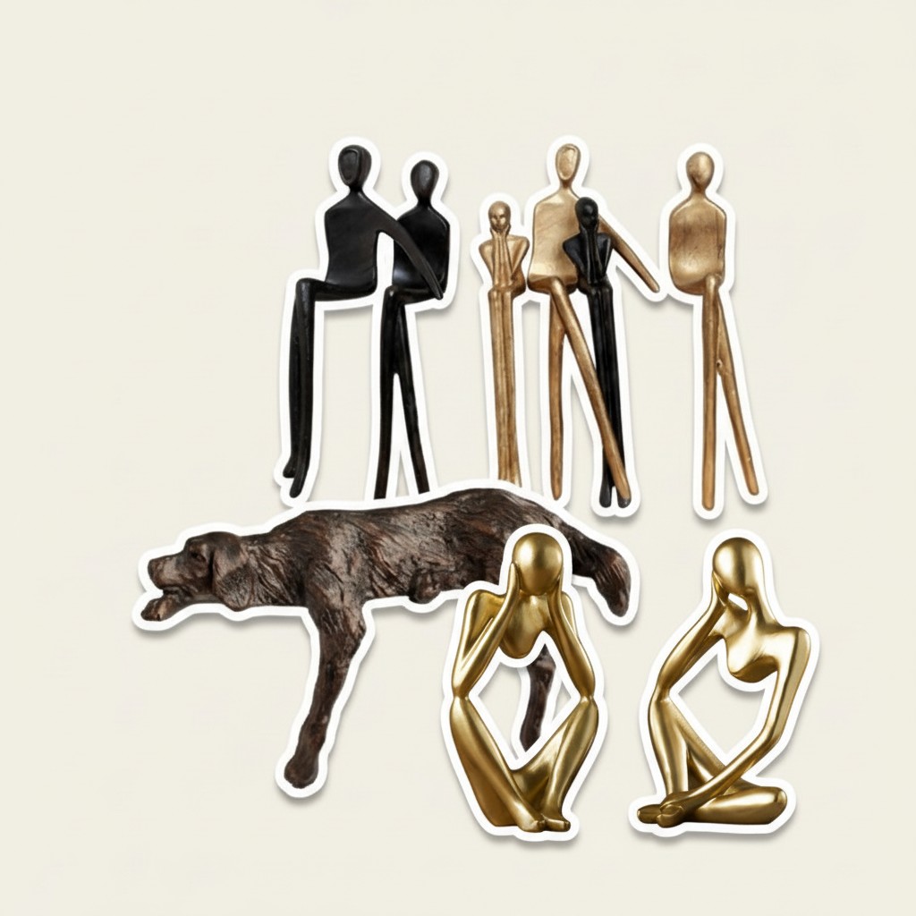 Floxo lazy dog and abstract human figurine sculpture collection