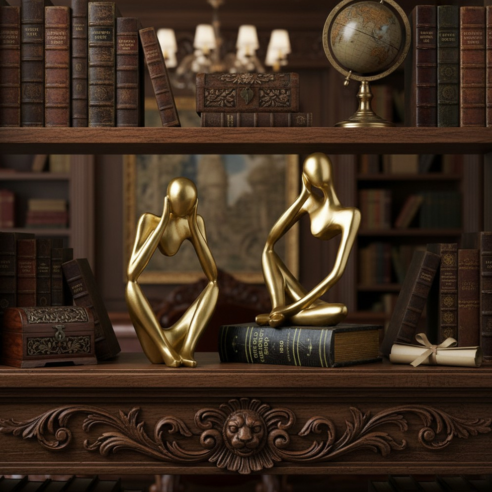 Gold abstract human figurines styled on a vintage bookshelf