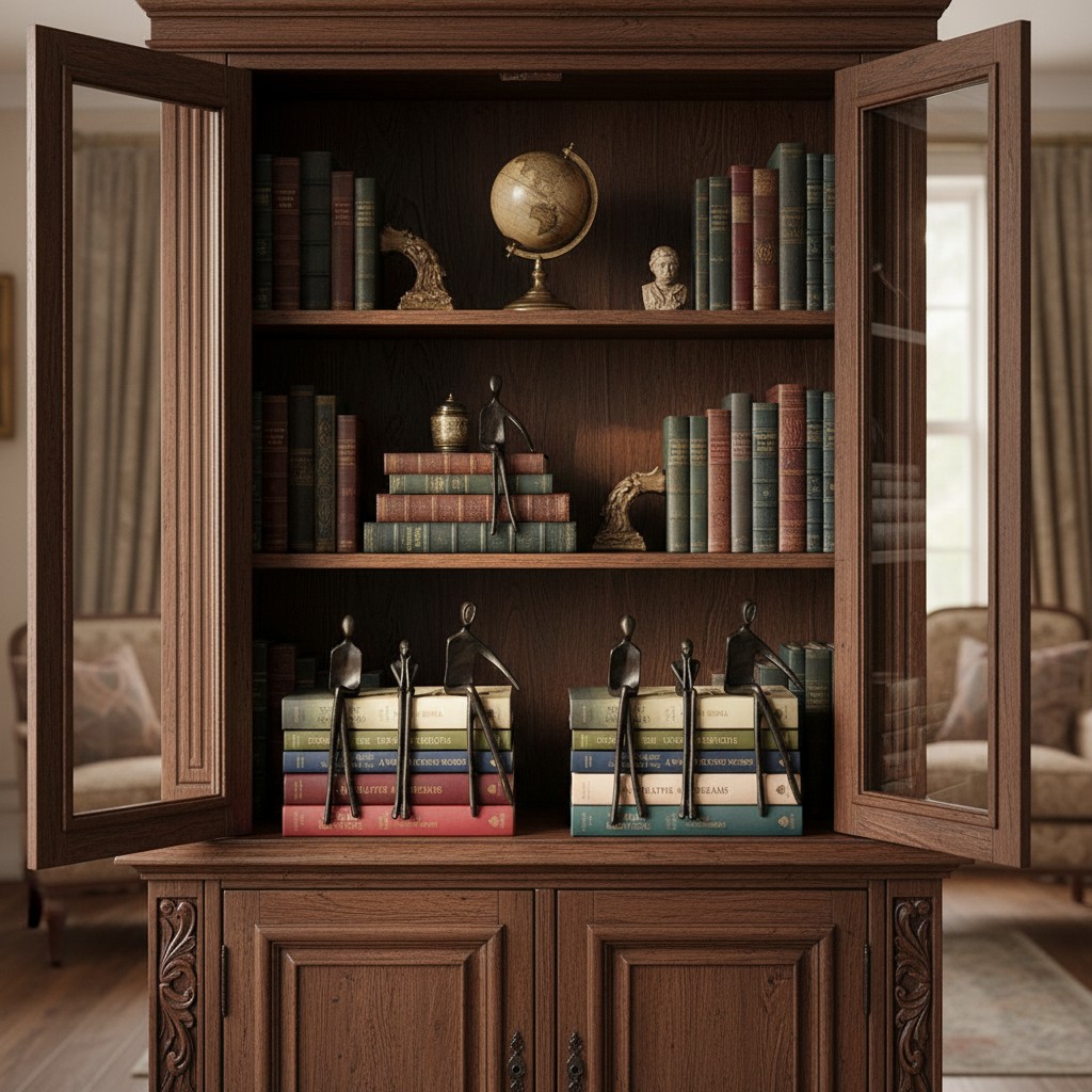 Floxo sculptures displayed inside a bookshelf cabinet