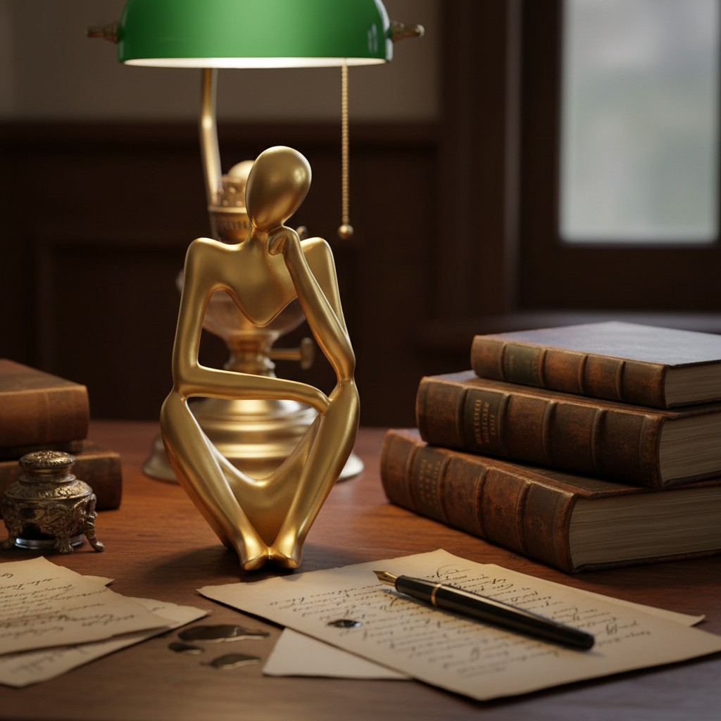 Floxo human figurine sculpture styled with books on a desk