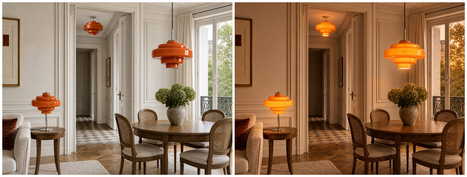 Koloro lighting shown in day and evening room settings