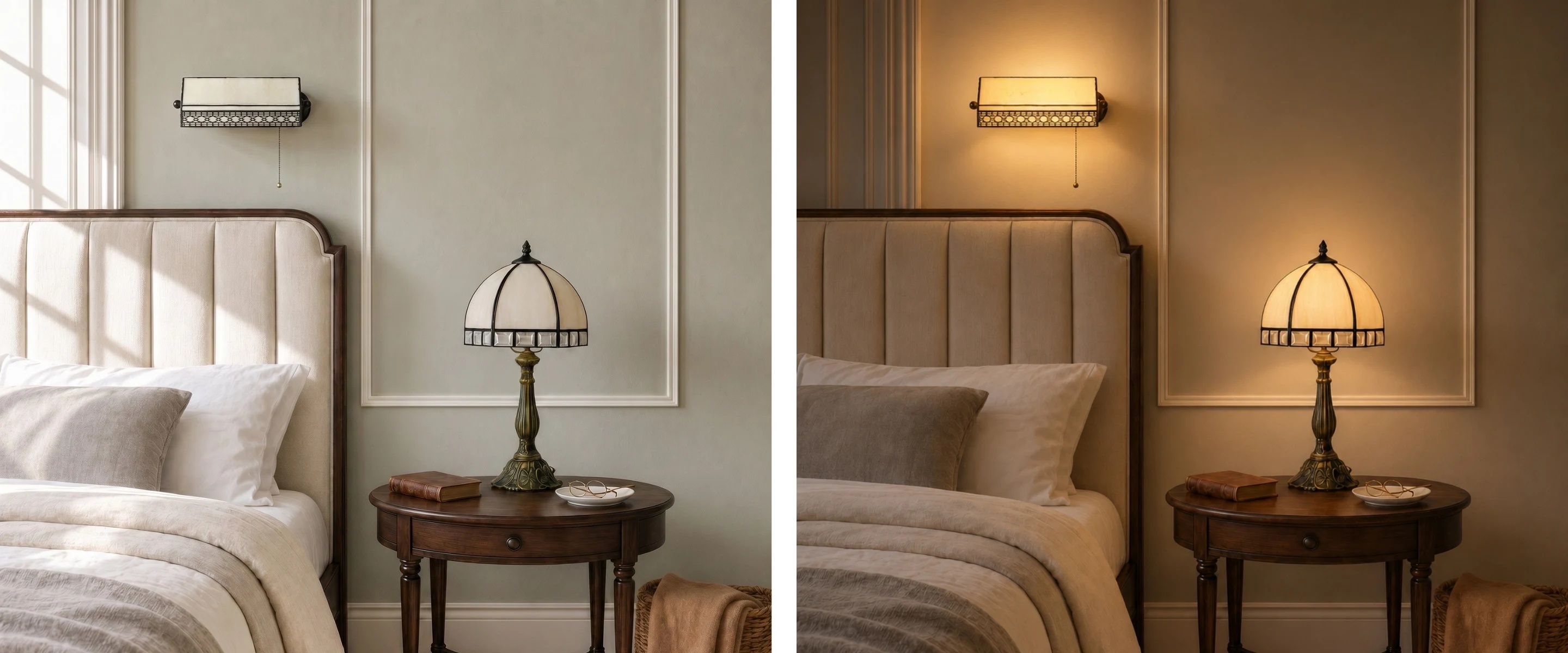Tiffany style lamp glowing warmly in a bedroom scene