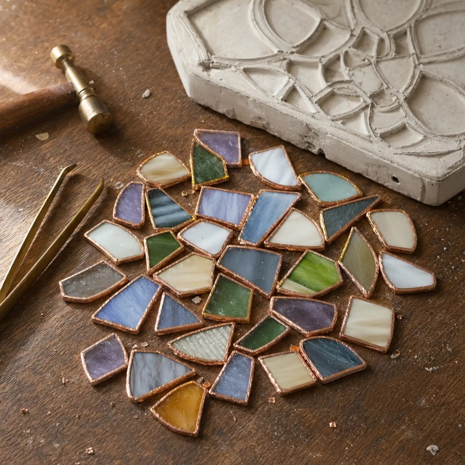Assorted pigment-infused art glass pieces on a work table