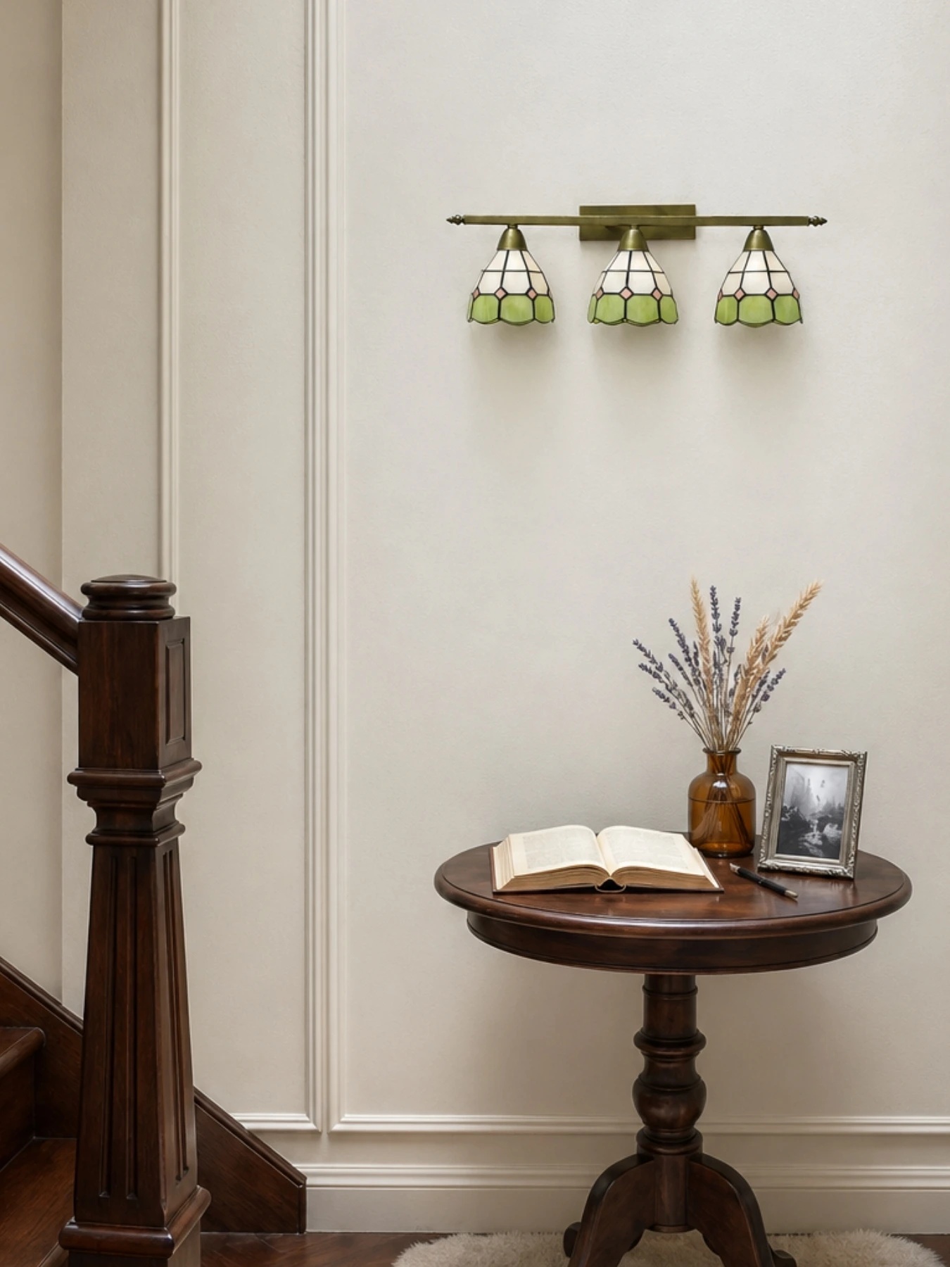 Tiffany table lamp beside a chair