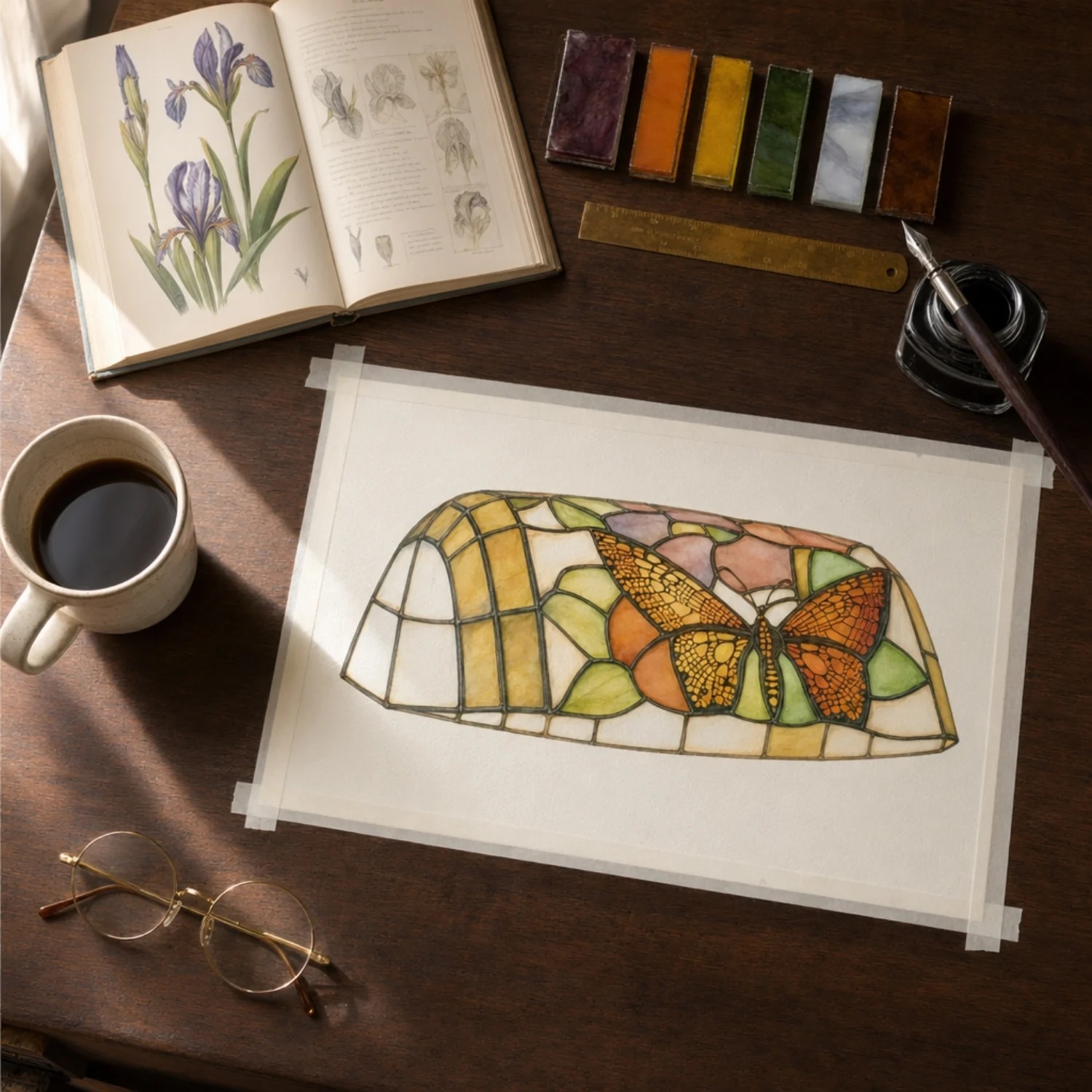 Pattern drawing and design tools for a Tiffany style glass lamp