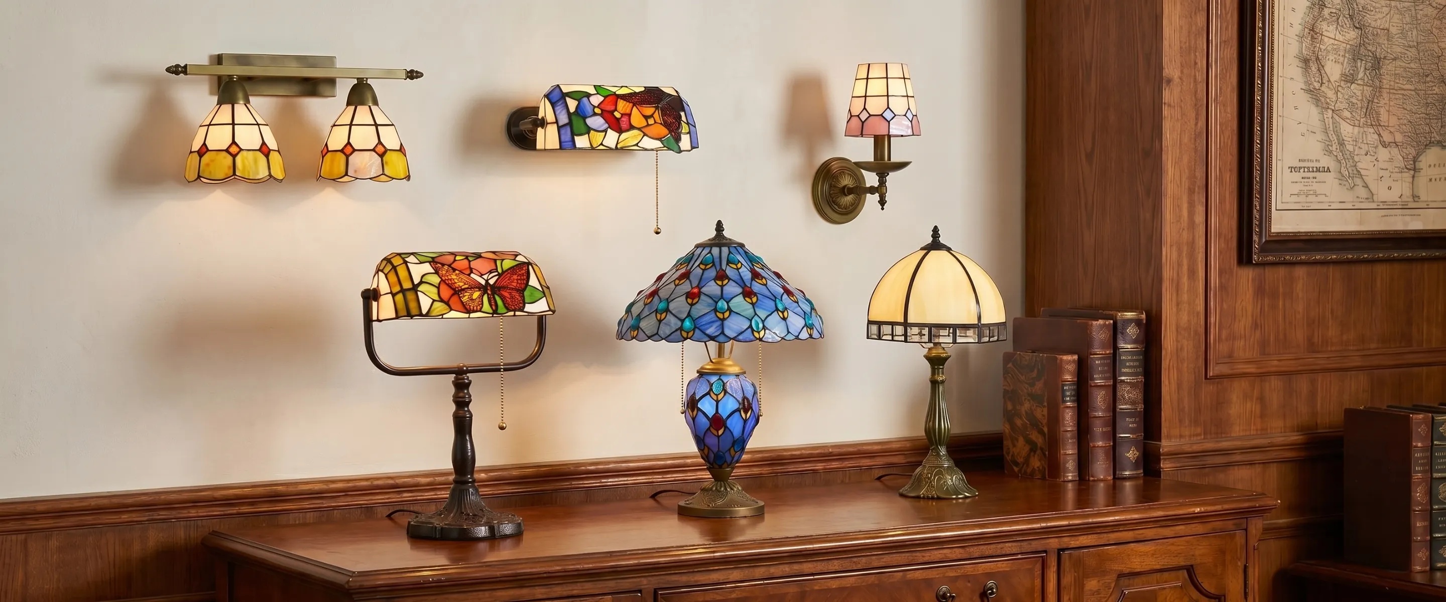 Tiffany style stained glass lamps displayed on a wooden cabinet
