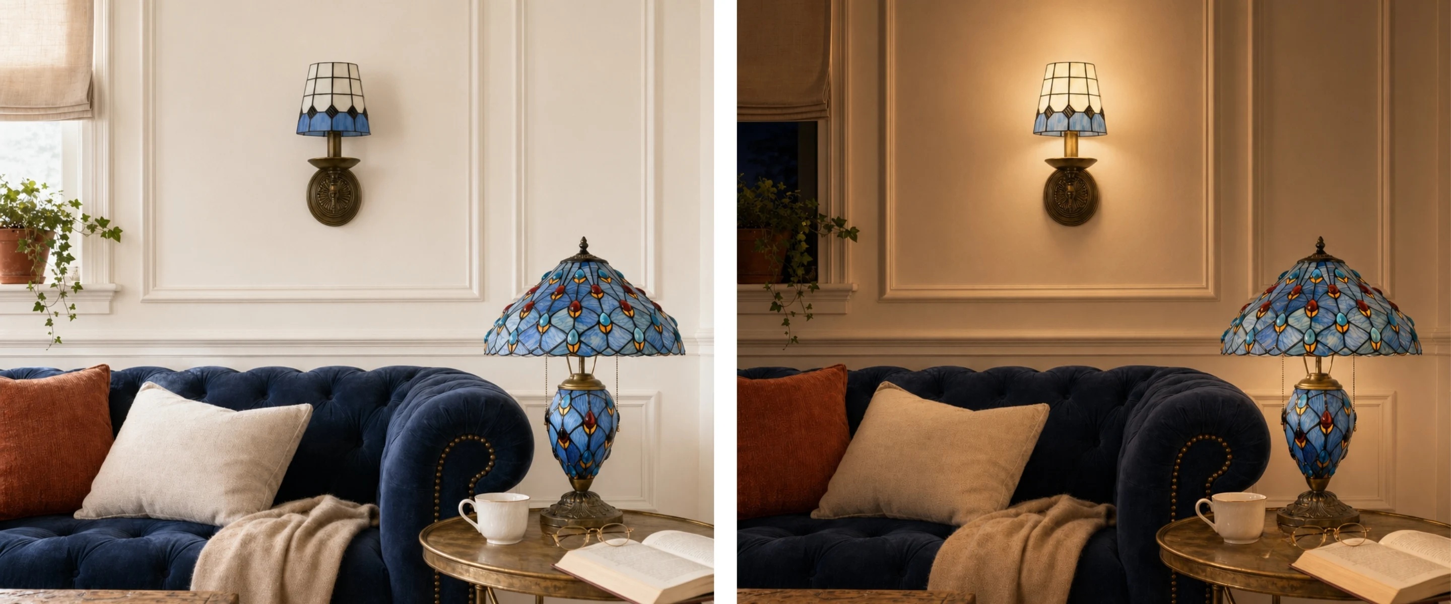 Tiffany style lamp in a bright bedroom scene