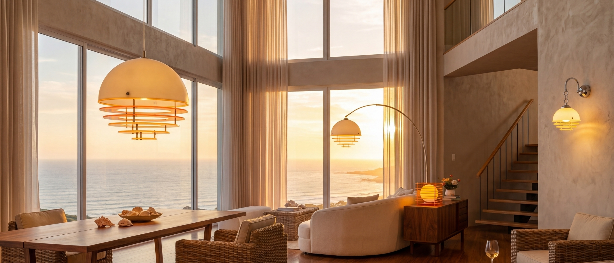 Afterglow Sunset Curved Floor Lamp in a warm sunset living room
