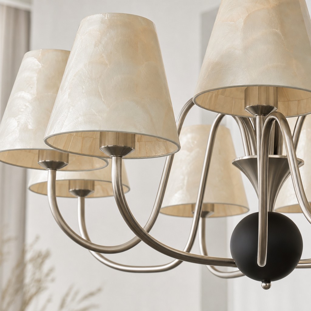 Close-up of chandelier shade and curved arms