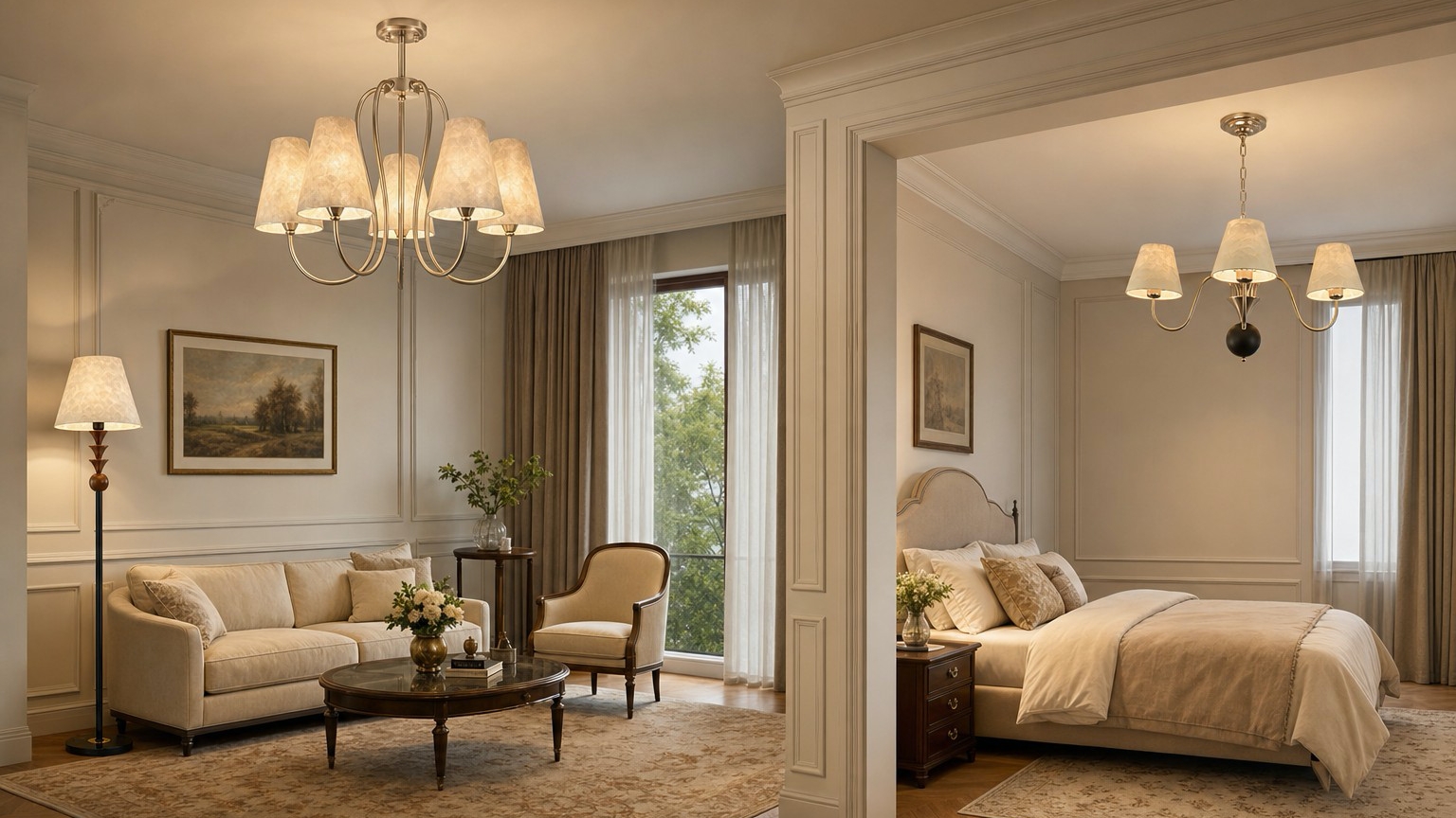 Micahell Capiz Shell Branch Chandelier in living and bedroom interiors