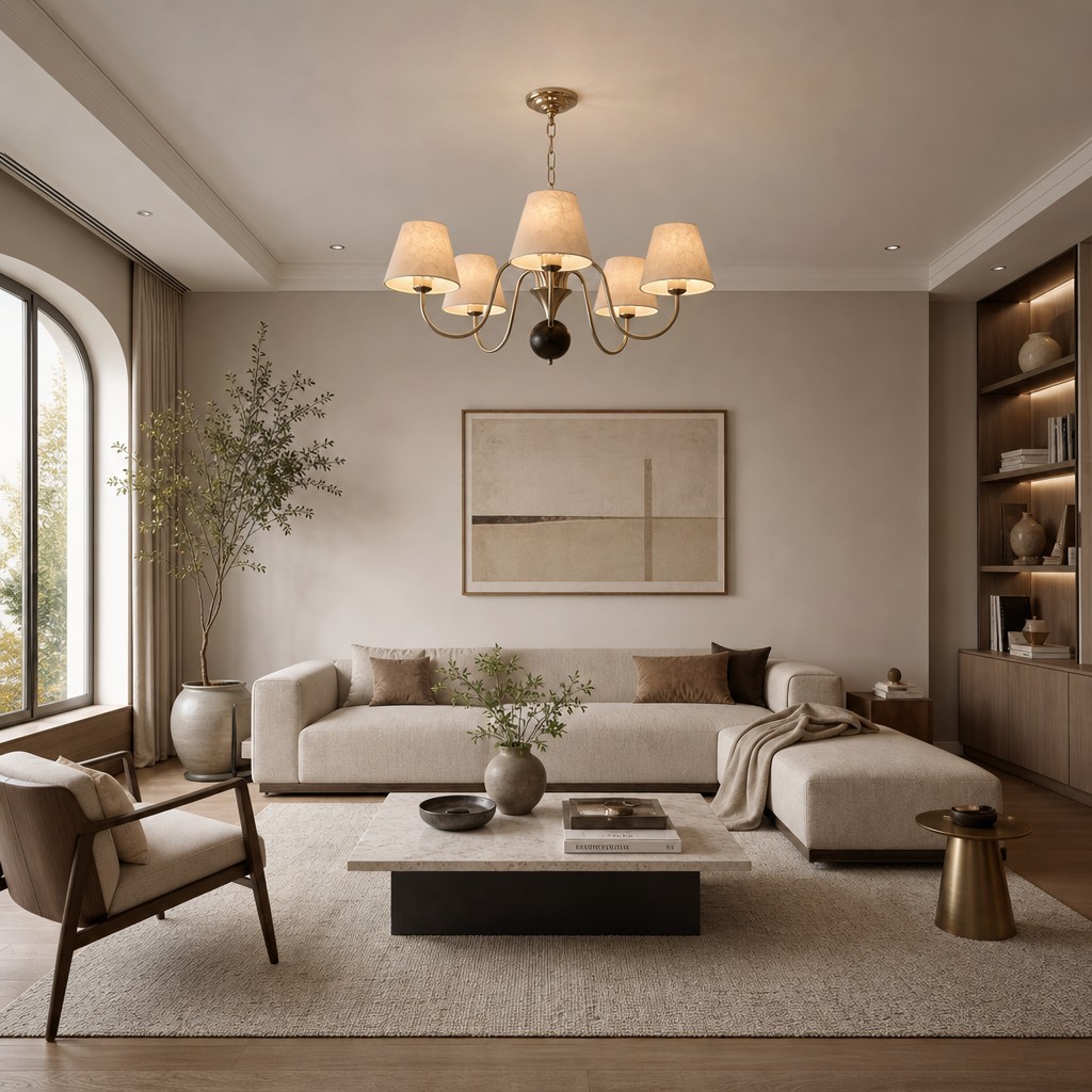 Micahell chandelier installed in a modern living room