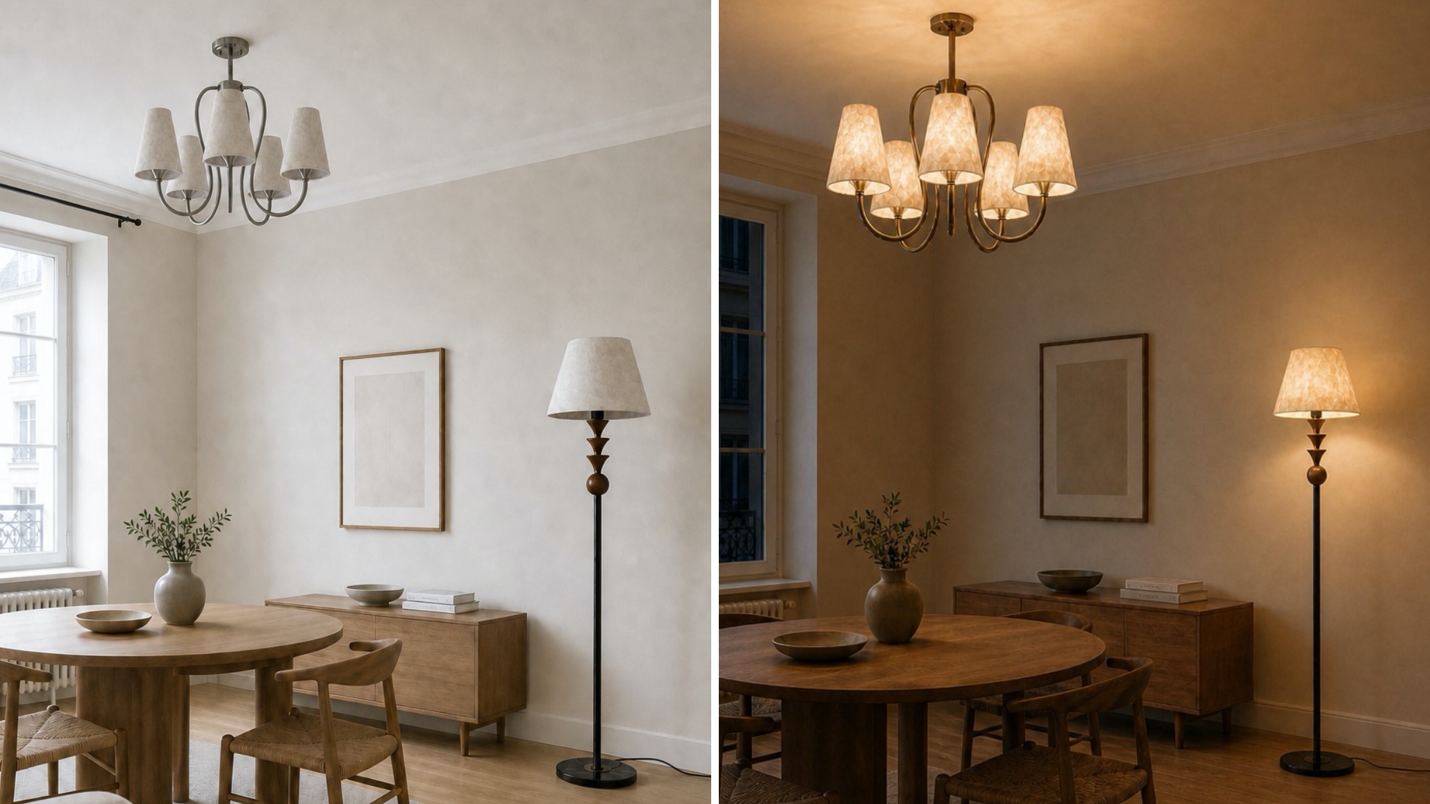 Micahell chandelier glowing in evening interior scene