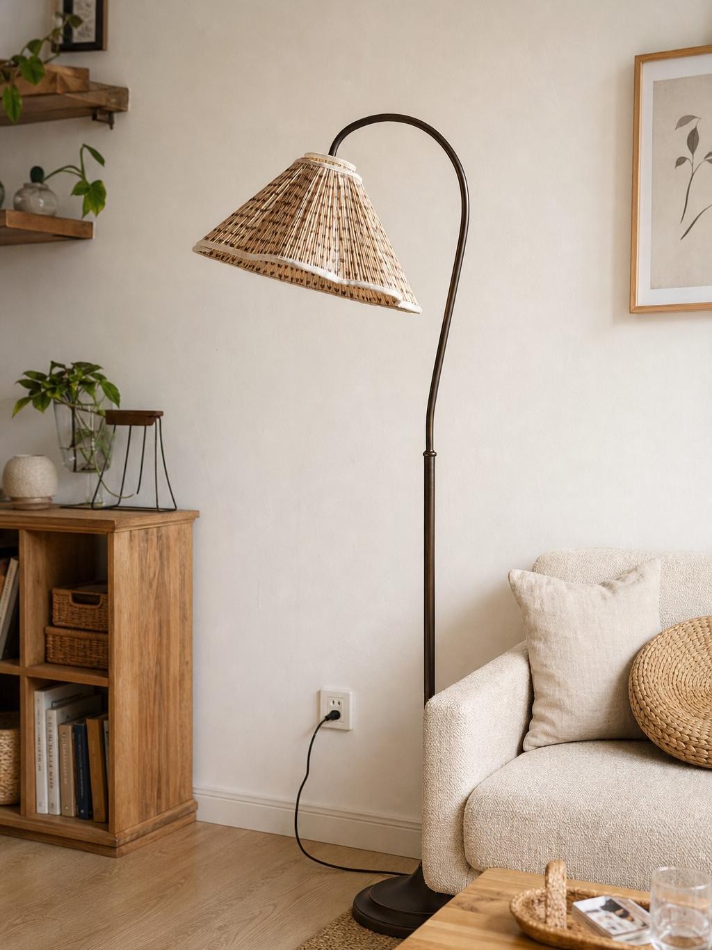 Elegant floor lamp with floral shade in home setting
