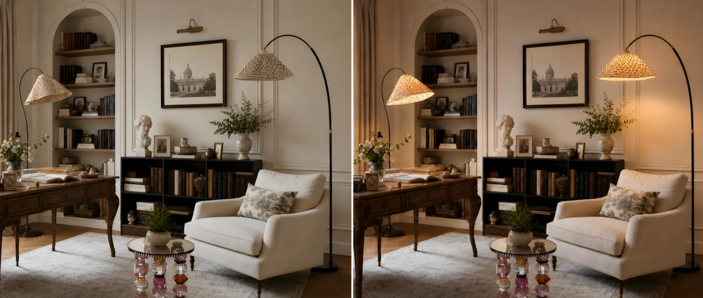 Gooseneck floor lamp shown in day and night lighting