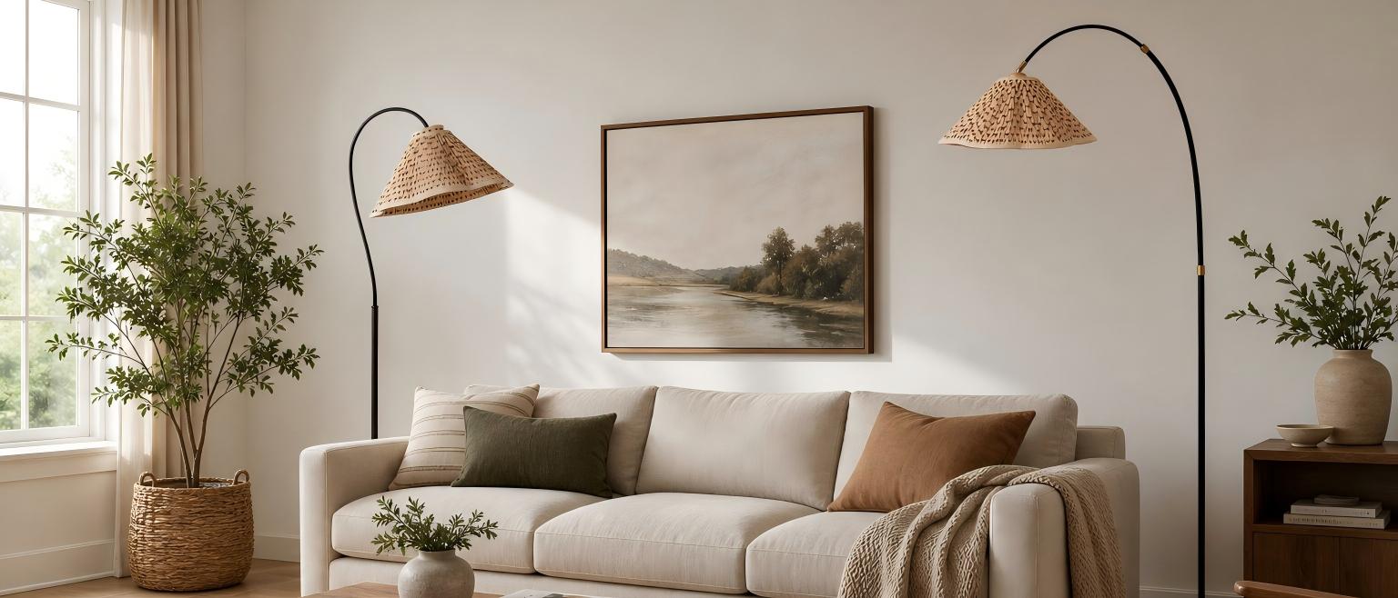 Elegant floral gooseneck floor lamp styled beside a sofa