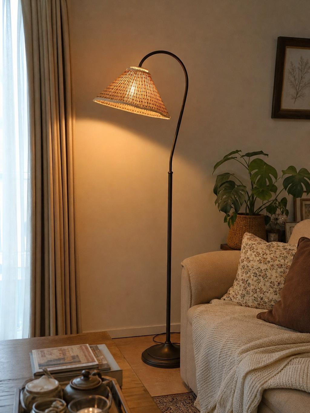 Gooseneck floor lamp in a living room corner