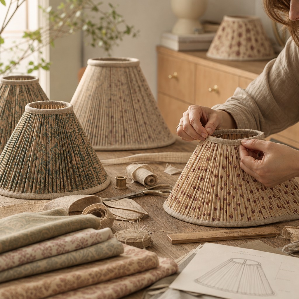 Artisan assembling a floral fabric lampshade