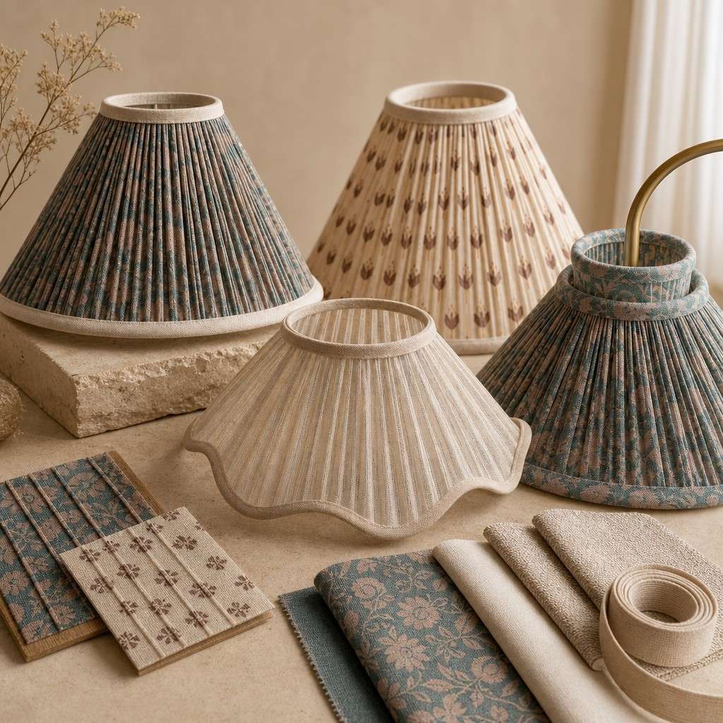 Assorted floral fabric lampshades and textile samples