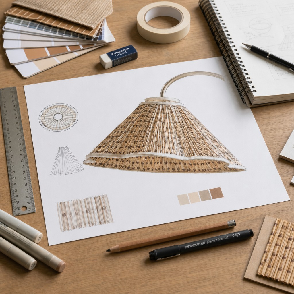 Floral lampshade design sketch and materials