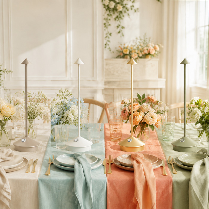 Measured lamp spacing creates rhythm on a long banquet table.