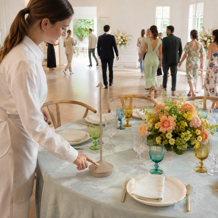 Touch dimming helps the room move from dinner into dancing.