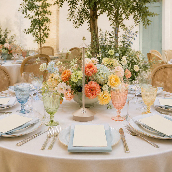 A low-profile lamp lights menus, flowers and faces at table height.