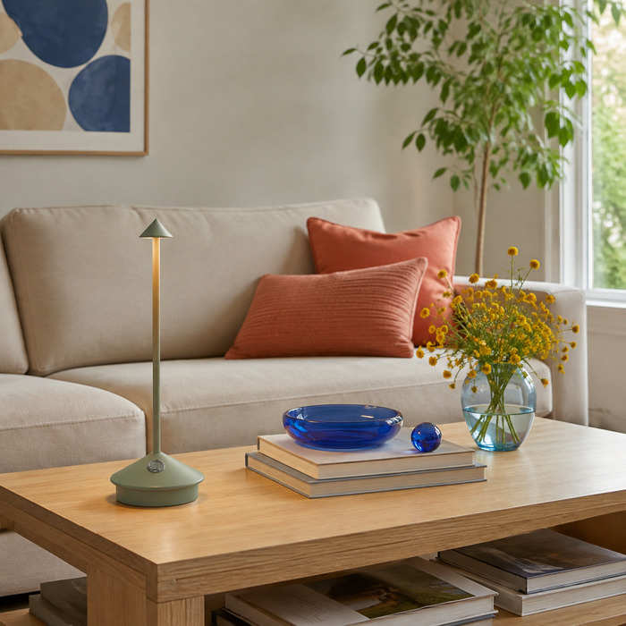 Eén lamp en twee accentkleuren geven een neutrale kamer meer energie.