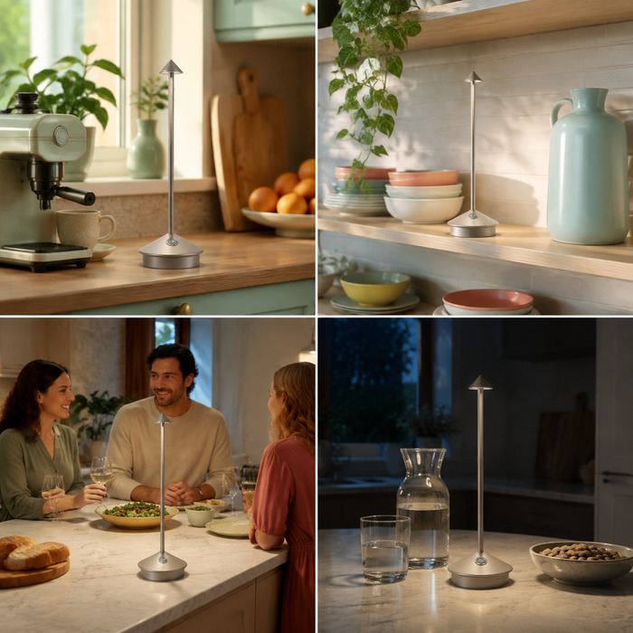 Eén lamp past zich aan vier verschillende momenten in de keuken aan gedurende de dag.