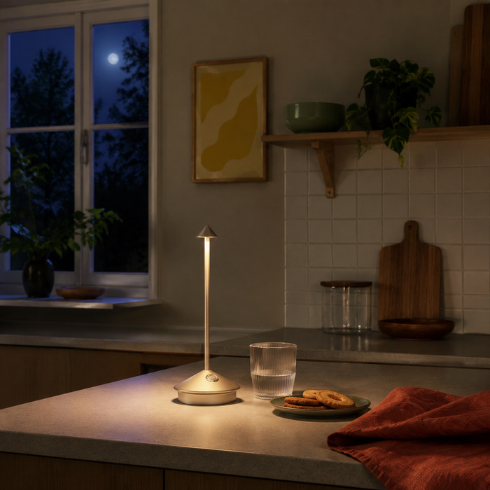 Een draagbaar, zwak lichtje zorgt voor een rustige middernachtelijke snack, zonder de kamer te verlichten.