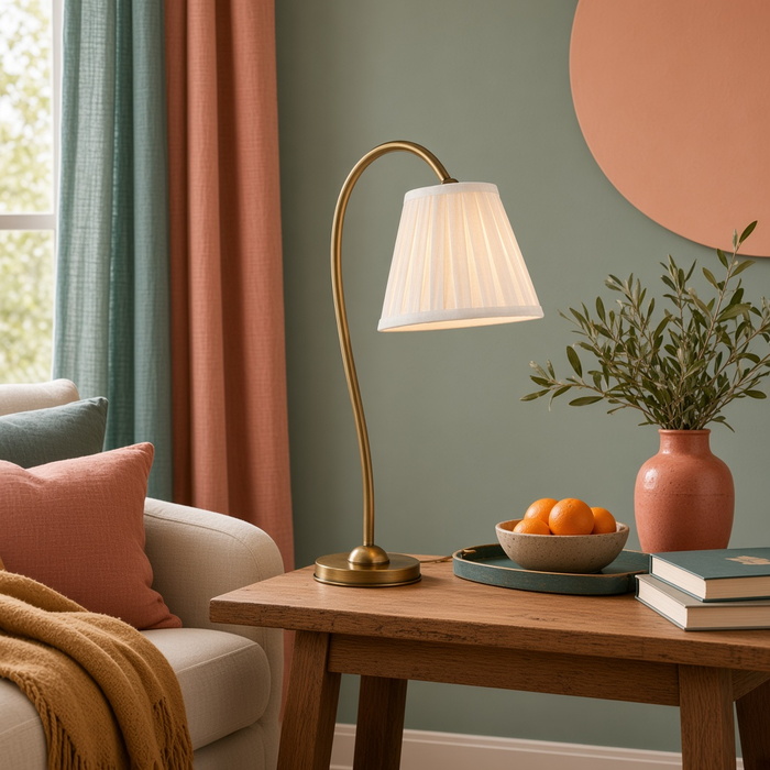 Stabiele plissélamp met voldoende ruimte tussen muur en gordijn.