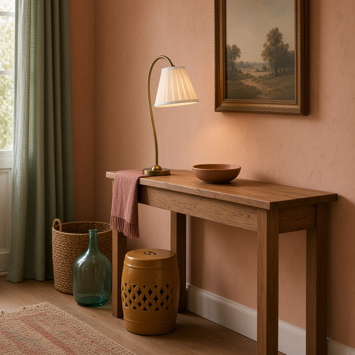 Slanke lamp op een opgeruimde eikenhouten haltafel.