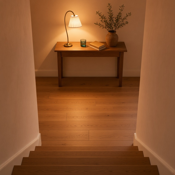 Een opgeruimde overlooplamp, veilig zichtbaar vanaf de bovenverdieping.